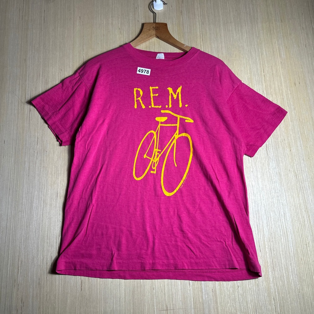 Vintage R.E.M. Shirt Mens Large Pink Bicycle Graphic Band Tee Concert 80s USA